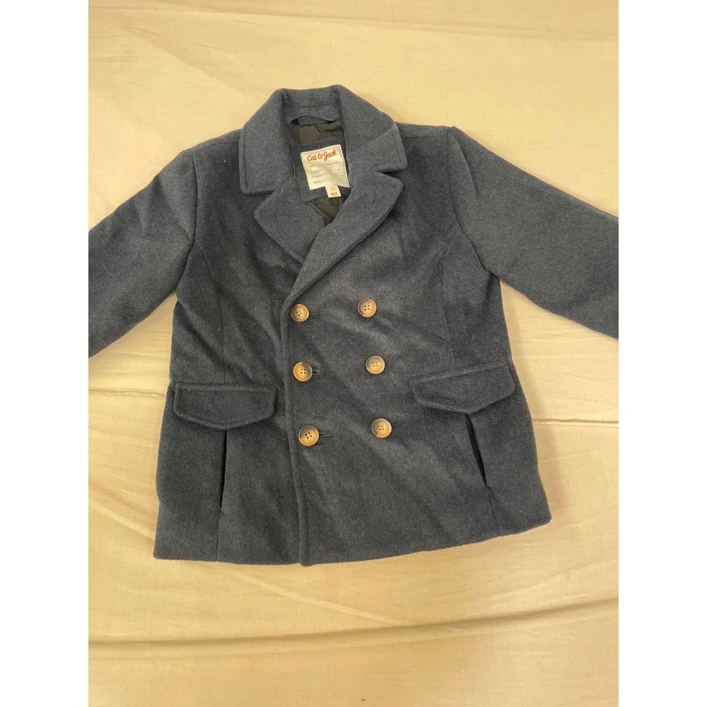 Cat & Jack Boys Navy Blue Double Breasted Pea Coat Jacket Size Small 6/7